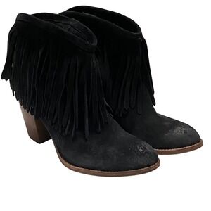 Frye Women's Suede Fringe Ankle Boots Black Size 6.5 Western Boho Indie Festival